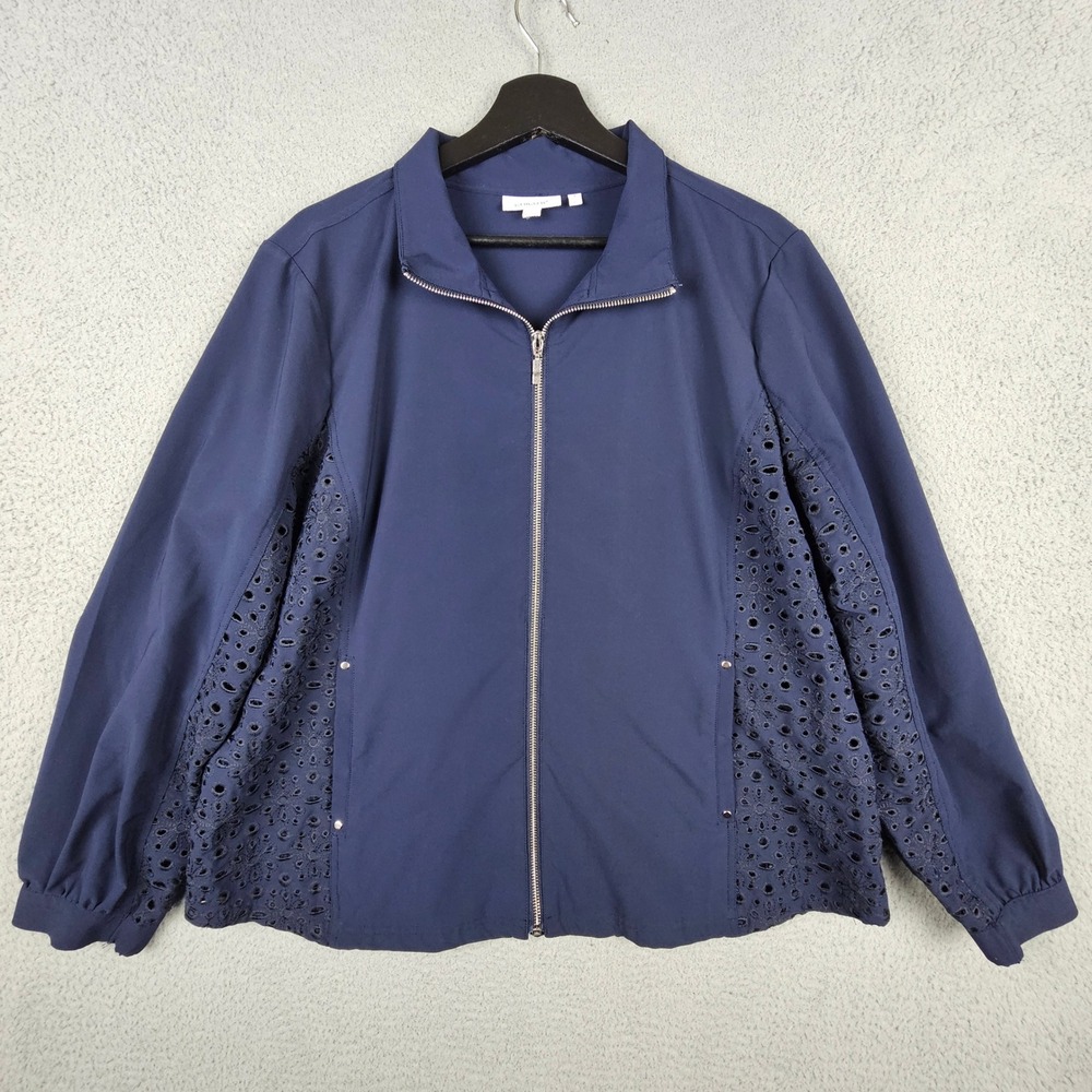 Chico's Eyelet Jacket Women Size 3 XL Navy Blue Full Zip Lightweight‎ Stretch
